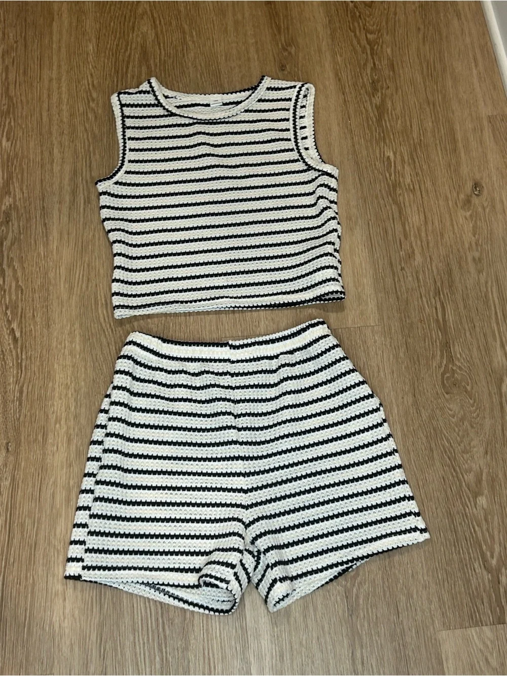 Striped Knit Tank and Shorts Set - Black & White